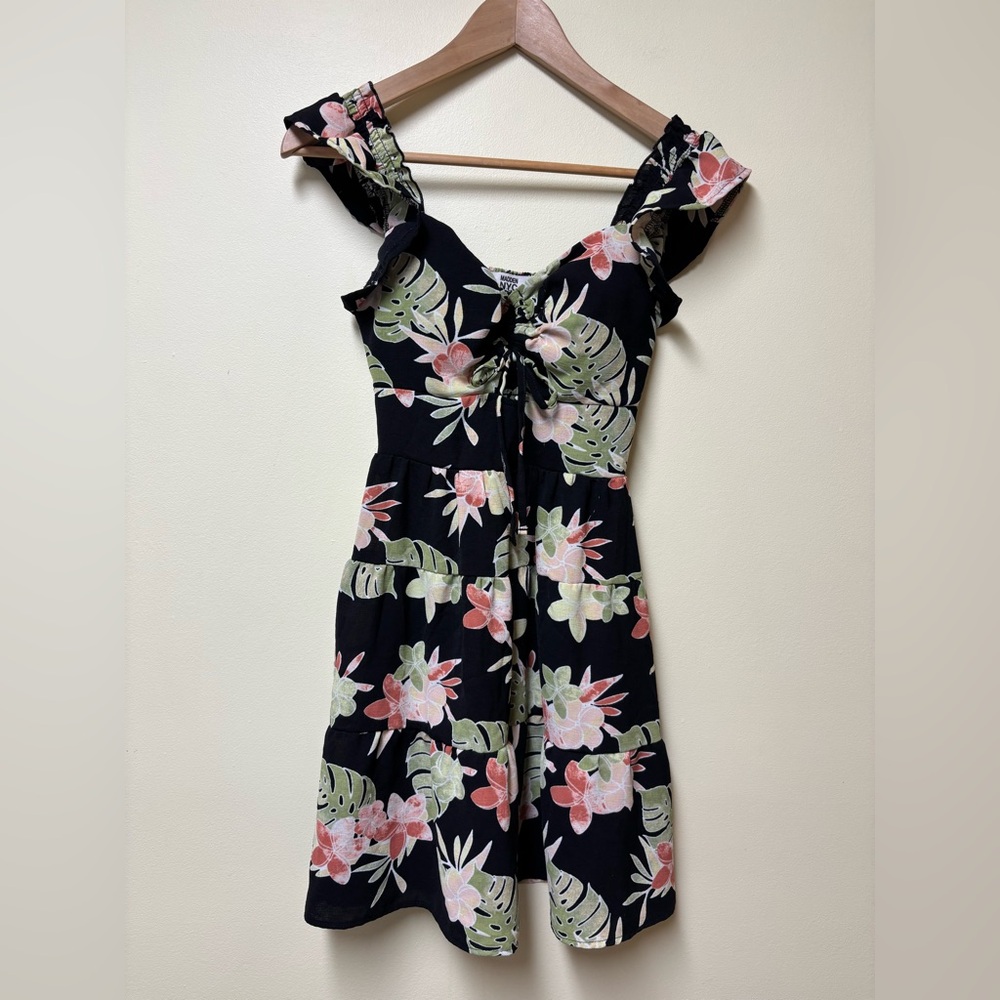 Tropical Monstera Ruffle Sleeve Keyhole Mini Dress XS